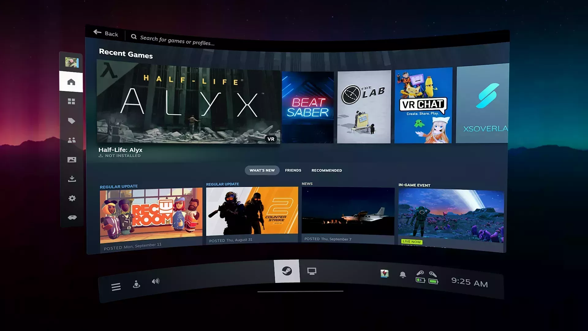 The image shows the new SteamVR 2.0 Dashboard. It has the old Steam Home background, but with the new dashboard. It contains games in large tiles and a bar with menus on the left.