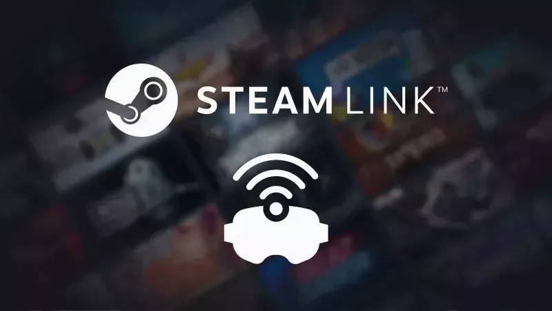 Obraz pokazuje grafikę stworzoną przez Valve. Na pierwszym planie widać Steam Link, a na drugim planie gry VR.