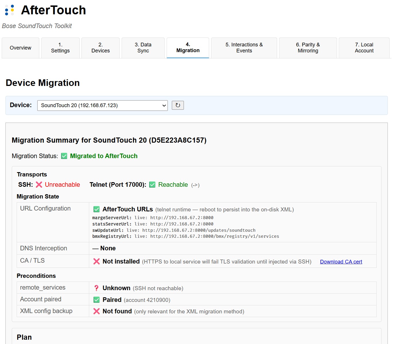 Screenshot of the AfterTouch device migration screen showing a successful migration for a SoundTouch 20