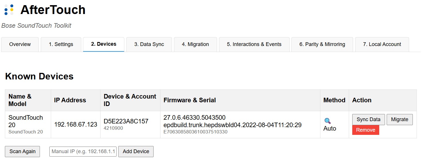 Screenshot of the AfterTouch web interface displaying a list of discovered Bose SoundTouch devices on the local network